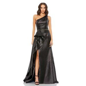 Mac Duggal Dress 66975 One Shoulder Metallic Ruffled Evening Gown